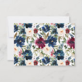 Navyblauw bordeauxrood bloemwaterverf bruiloft RSVP kaartje (Achterkant)