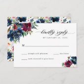 Navyblauw bordeauxrood bloemwaterverf bruiloft RSVP kaartje (Voorkant / Achterkant)