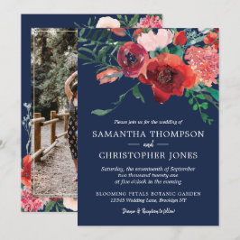Navyblauw Bourgondiërood Koraal Bloem Foto Bruilof Kaart
