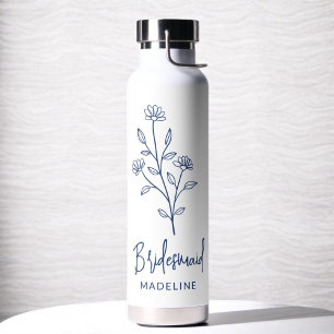 Navyblauw bruidsmeisje naam bloem vrijgezellenfees waterfles