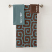 Navyblauw &Bruine Abstracte Patroon Monogram naam Bad Handdoek (Insitu)