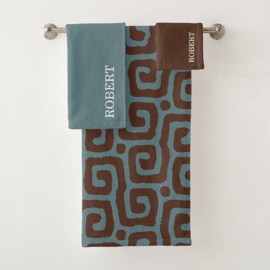 Navyblauw &Bruine Abstracte Patroon Monogram naam Bad Handdoek (Insitu)