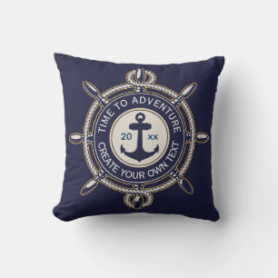Navyblauw en beige rond met kustkompas kussen