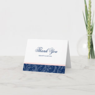 Navyblauw en Blush Roze Damast Draai Bedankt