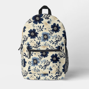 Navyblauw en Crème Folk Art Bloementuin Bedrukte Rugzak