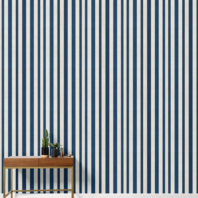  Navyblauw en Crème Verticale Streep Naadloos  Behang (Hal)