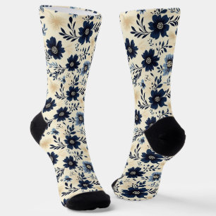 Navyblauw en Crèmekleurige Volkskunst Bloementuin Sokken