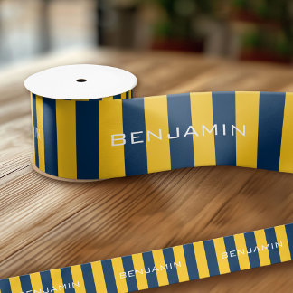 Navyblauw en gele rugby strepen aangepaste naam satijnen lint
