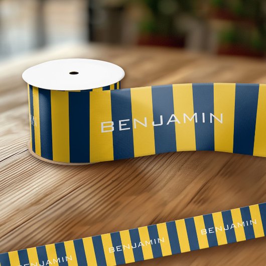 Navyblauw en gele rugby strepen aangepaste naam satijnen lint