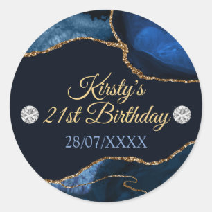 Navyblauw en goud glinsterende agaat verjaardag ronde sticker