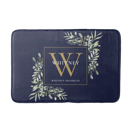 Navyblauw en goud monogram groene bladeren badmat (Voorkant)
