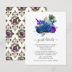 Navyblauw en Goud Vintage Pauw Gast Details Informatiekaartje