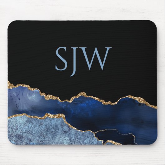 Navyblauw en gouden agaat monogram muismat (Voorkant)