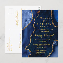 Navyblauw en gouden agat marmeren verjaardagsfeest briefkaart