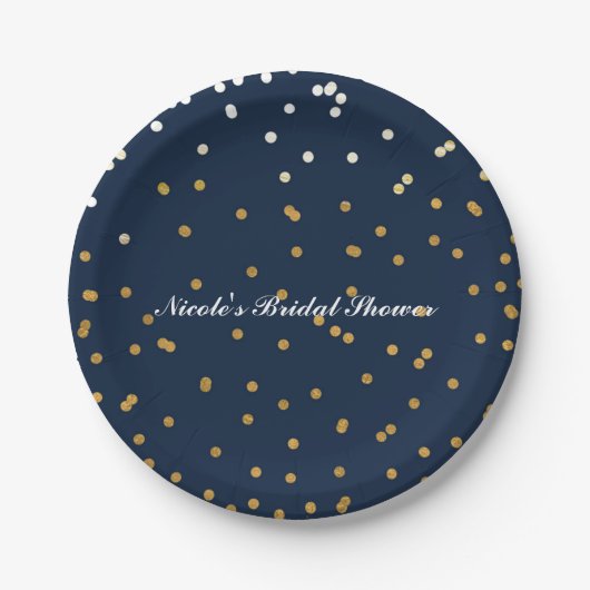 Navyblauw en gouden confetti-stippen moderne chic papieren bordje (Voorkant)