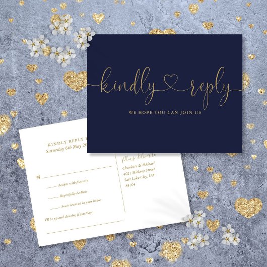 Navyblauw en gouden hart script song verzoek RSVP Uitnodiging Briefkaart