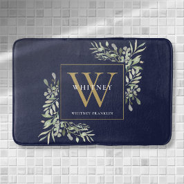 Navyblauw en gouden monogram groene bladeren badmat
