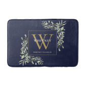 Navyblauw en gouden monogram groene bladeren badmat (Voorkant)