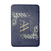 Navyblauw en gouden monogram groene bladeren badmat (Voorkant Verticaal)
