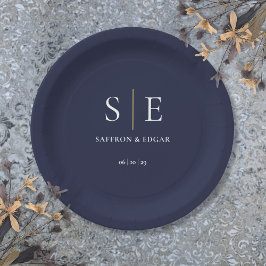 Navyblauw en gouden monogram huwelijksfeest papieren bordje