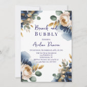 Navyblauw en gouden pioenrozen brunch en bubbels kaart (Voorkant)