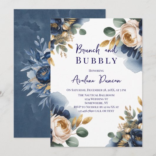 Navyblauw en gouden pioenrozen brunch en bubbels kaart (Voorkant / Achterkant)