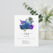 Navyblauw en gouden vintage pauw RSVP kaartje (Staand voorkant)