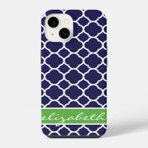 Navyblauw en groen Quatrefoil Monogram iPhone 14 Hoesje