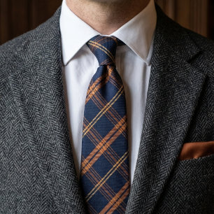 Navyblauw en koperen tartan geruite vintage stropdas