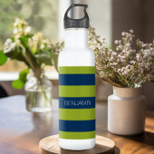Navyblauw en limoengroene rugby strepen aangepaste waterfles