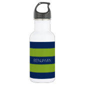 Navyblauw en limoengroene rugby strepen aangepaste waterfles (Voorkant)