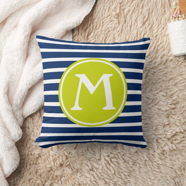 Navyblauw en limoengroene streepmonogram kussen (Deken)