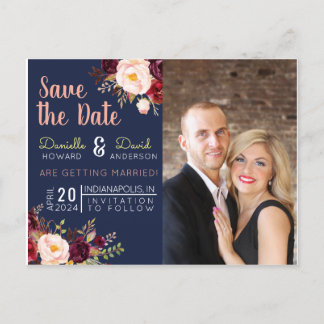 Navyblauw en Merlot bloemensave the date Uitnodiging Briefkaart