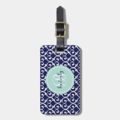 Navyblauw en mintgroene hartvergrendelde print bagagelabel (Voorkant verticaal)