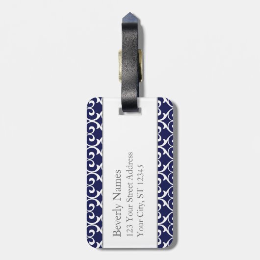 Navyblauw en mintgroene hartvergrendelde print bagagelabel (Achterkant verticaal)