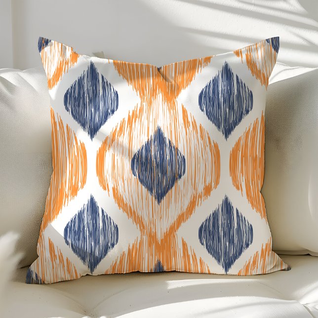 Navyblauw en oranje ogee Ikat patroon Kussen (Creator heeft geüpload)