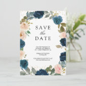 Navyblauw en Perzik Bloem Foto Bruiloft Save The Date (Staand voorkant)
