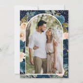 Navyblauw en Perzik Bloem Foto Bruiloft Save The Date (Achterkant)