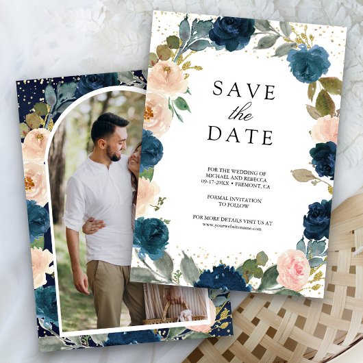Navyblauw en Perzik Bloem Foto Bruiloft Save The Date