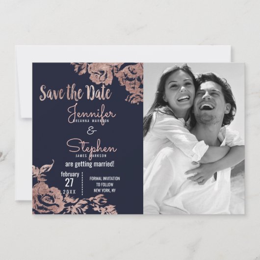 Navyblauw en roze gouden bloemige Save the Date (Voorkant)