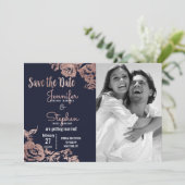 Navyblauw en roze gouden bloemige Save the Date (Staand voorkant)
