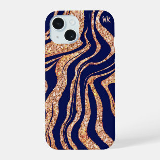 Navyblauw en roze gouden glinsterende zebra-monogr iPhone 15 case
