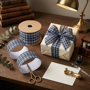Navyblauw en wit geruit tartan satijnen lint