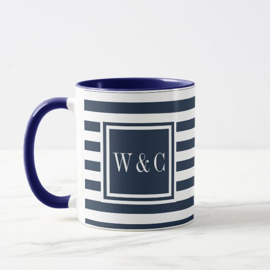 Navyblauw en wit gestreepte monogram mok (Links)