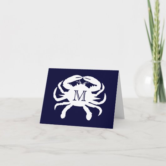 Navyblauw en witte krabmonogram bedankkaart (Voorkant)