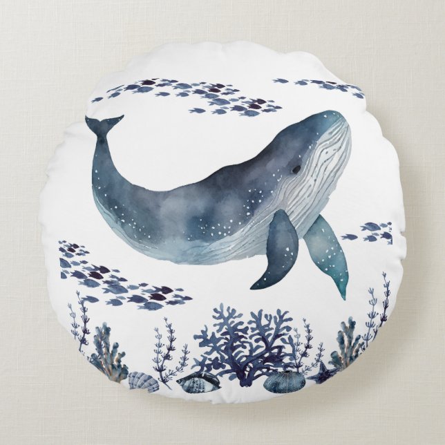 Navyblauw en witte walvis nautisch rond kussen (Voorkant)