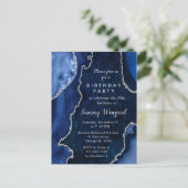 Navyblauw en zilver agaat marmeren verjaardagsfees briefkaart (Staand voorkant)