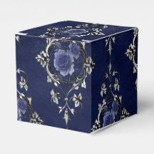 Navyblauw en zilver Victoriaanse bloemendamask