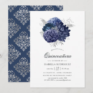Navyblauw en zilver vintage roos Quinceañera Kaart