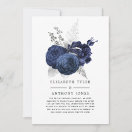Navyblauw en zilveren bloemmotief gereduceerd huwe aankondiging